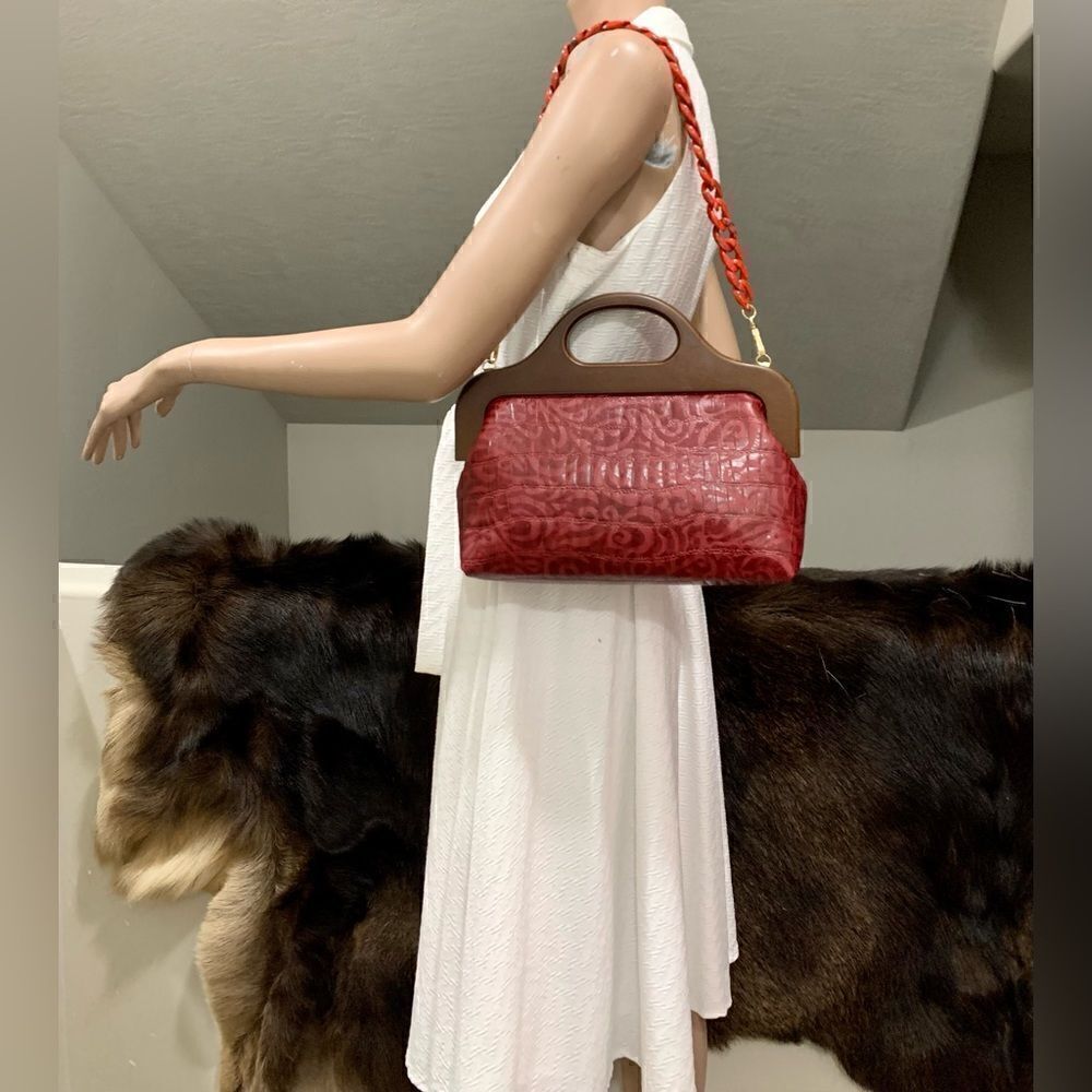 Burgundy Floral Embossed Cowhide Handmade Wooden Frame Top Handle Bag/Crossbody